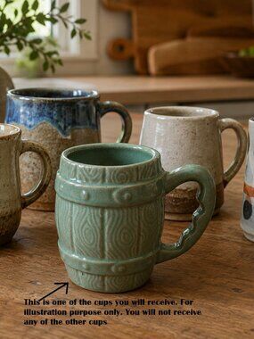 Vintage McCoy Mint Green Wooden Barrel Pottery 12oz Mugs Set of 3 EUC